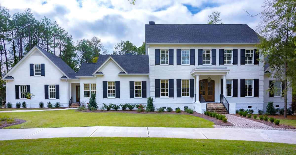 Large Colonial-style brick home painted white with dark grey roof and dark grey closable shutters with a brick sidewalk and beautiful landscaping.