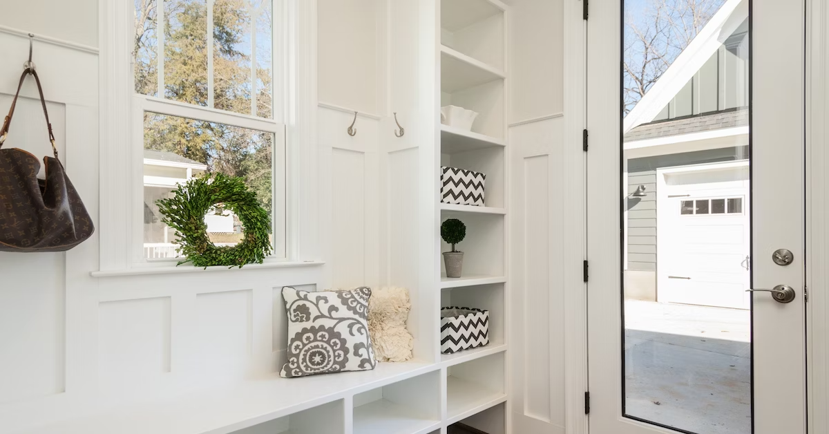 Mudroom with custom bench, cubbies, shelves, wainscoting, and hooks with a glass single door to the driveway.