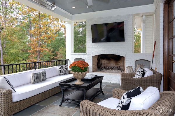 Outdoor Living Room Porch Fireplace Home Builder Sc