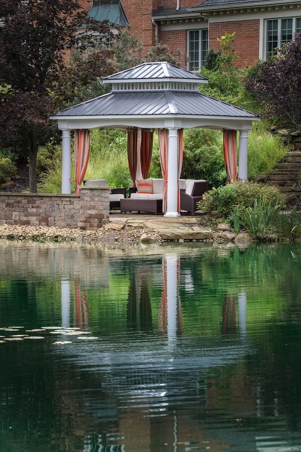 Patio with pavilion near a lake