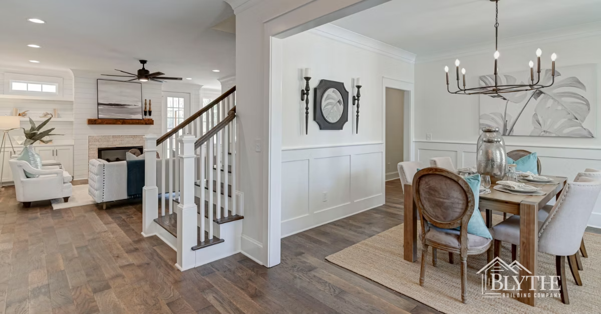 From the foyer, a view of the formal dining room with wainscoting and a black metal chandelier and a glimpse of the wood steps and wood bannister and the living space with fireplace and shiplap wall.