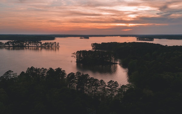 Drone view of Lake Murray near Columbia, SC at sunset.