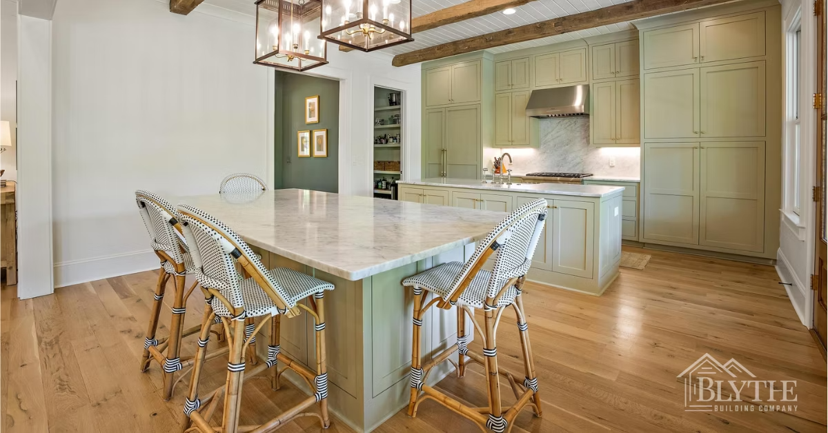 A luxury kitchen with green floor to ceiling cabinets and two kitchen islands and hardwood floors with ceiling beams.