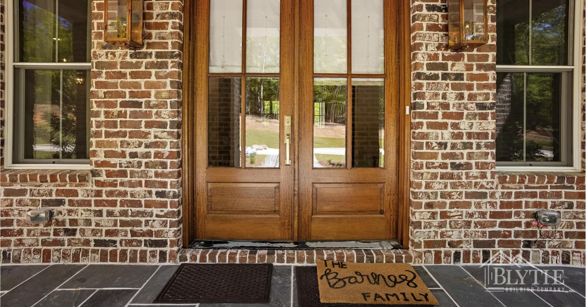 A double front entry way with mahogany doors with glass inserts and copper gas lanterns on each side with red brick exterior and messy mortar and bluestone tile floor.