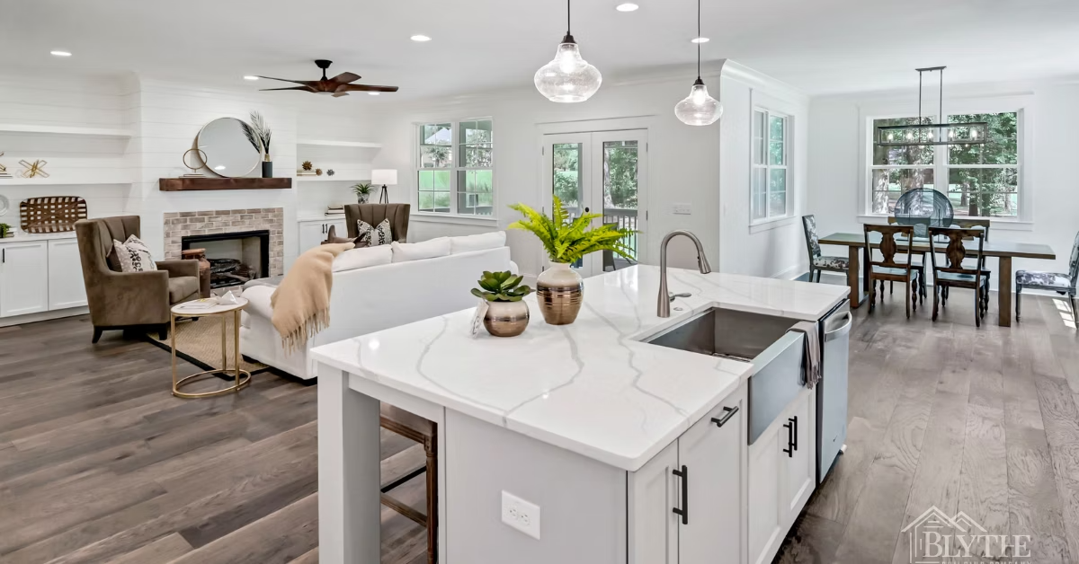 A Modern Craftsman kitchen island with quartz countertop and stainless steel farmhouse sink and a view of the living space with shiplap accent wall and fireplace with built-ins on each side and an eat-in nook in the kitchen with table for 6.