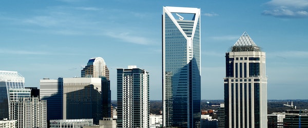 The skyline of Charlotte, NC on a sunny day.