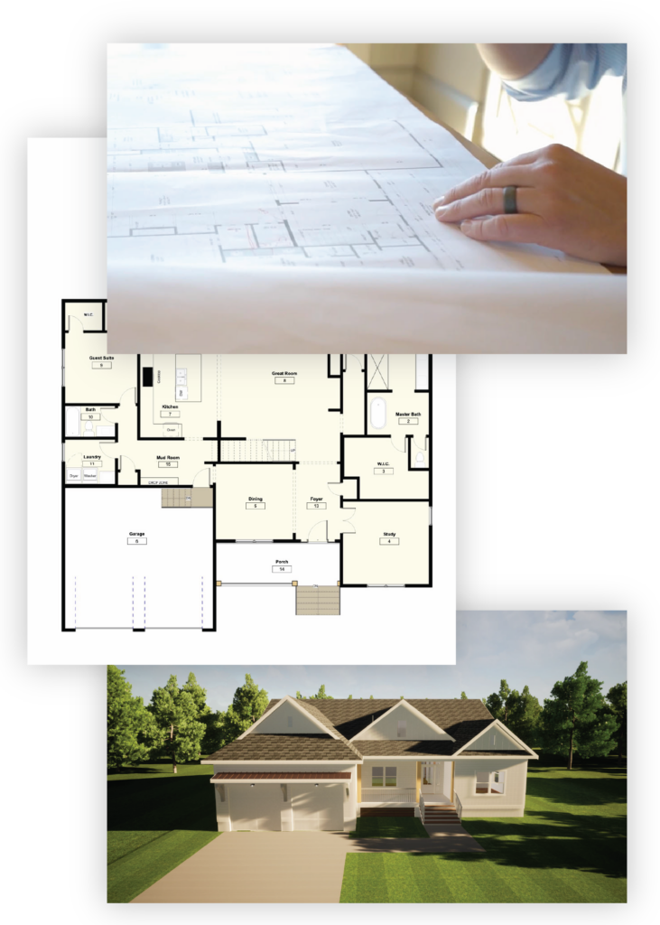 Three images - the top one of a man's hand resting on a house plan on a table, the second a computer generated house plan, and the third, a computer generated 3-D rendering of the house plan.