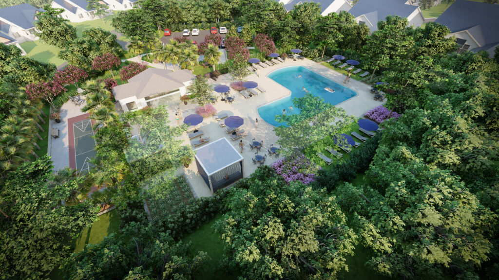 Rendering of pool and cabana area from drone view for WhiteWater Landing in Chapin, SC.